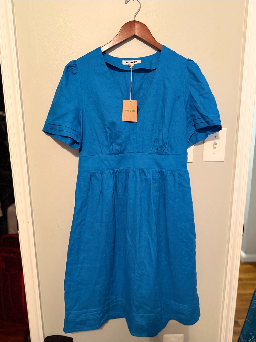 Boden Bright Blue V-Neck Puff Sleeve Dress